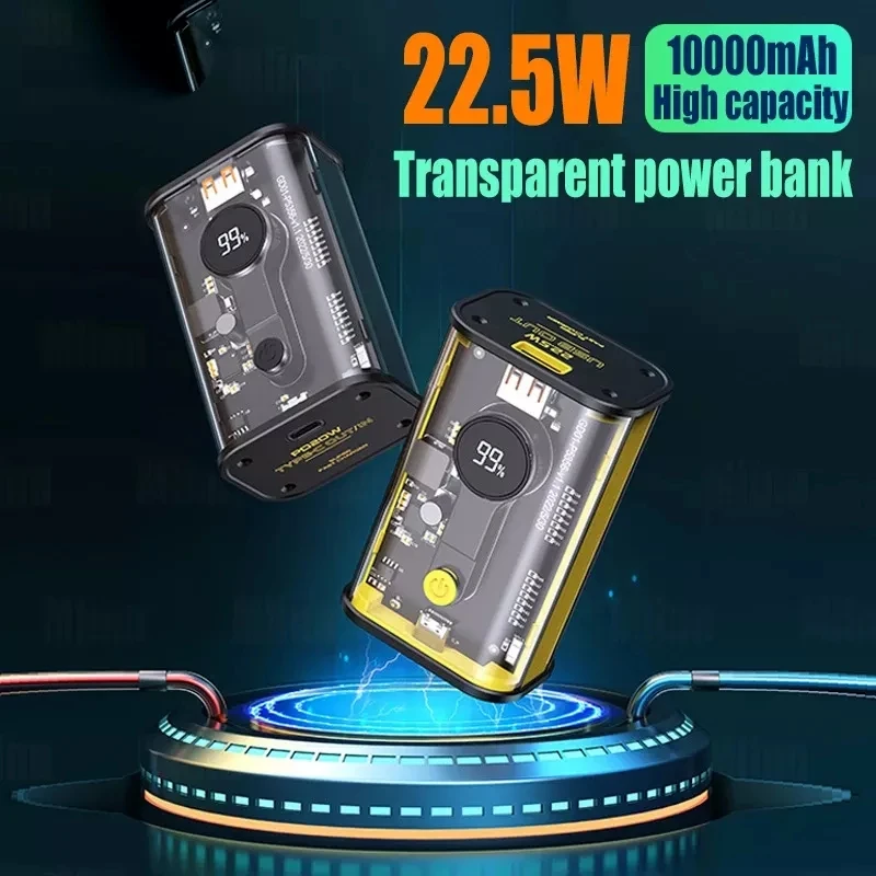 

10000mAh Transparent PowerBank PD20W Mini Portable Battery QC 22.5W Quick Charger for iPhone 8-14 Promax Samsung Huawei Xiaomi