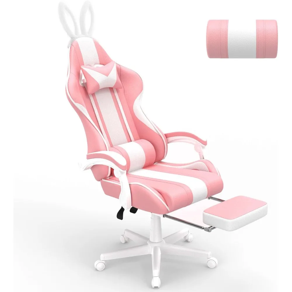 Gaming Chair with Bunny Ears, Ergonomic Cute Gamer Chair with Footrest and Massage, Racing Reclining Home Computer Game Chair