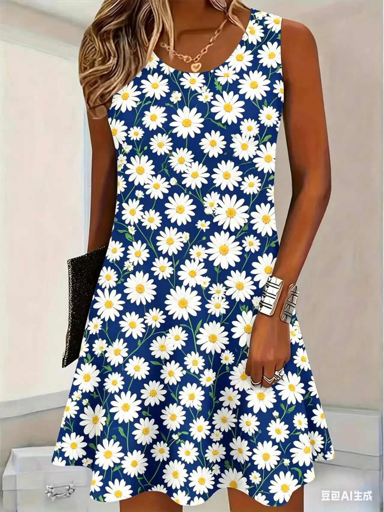 Modisches ärmelloses Sommerkleid mit Gänseblümchen-Blumenmuster, sexy Tanktop-Kleid, Strandparty-Kleid für Damen