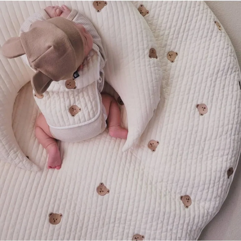 Quilted Embroidery Round Baby Crawling Mat Portable Washable Floor Rug Infant Activity Mat Bedroom Photography Background Prop