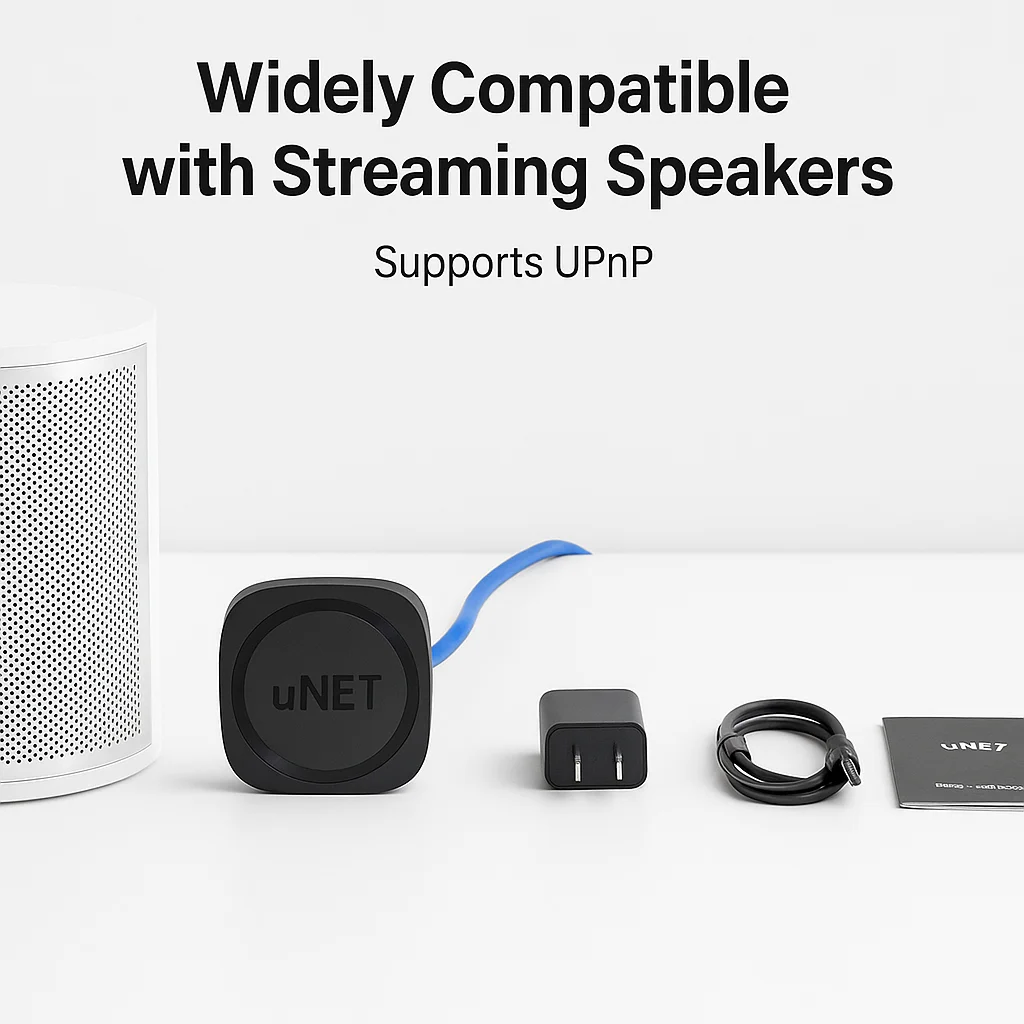 uNET USB Music Sharing Device Audio Streamer Supports UPnP Speakers, LAN Connection, USB Playback, App Control