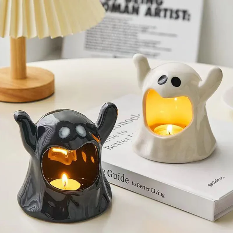 

Ceramic Cute Funny Ghost Candlestick Figurines Halloween Ghost Festival Atmosphere Decoration Candle Holder Home Interior Decor