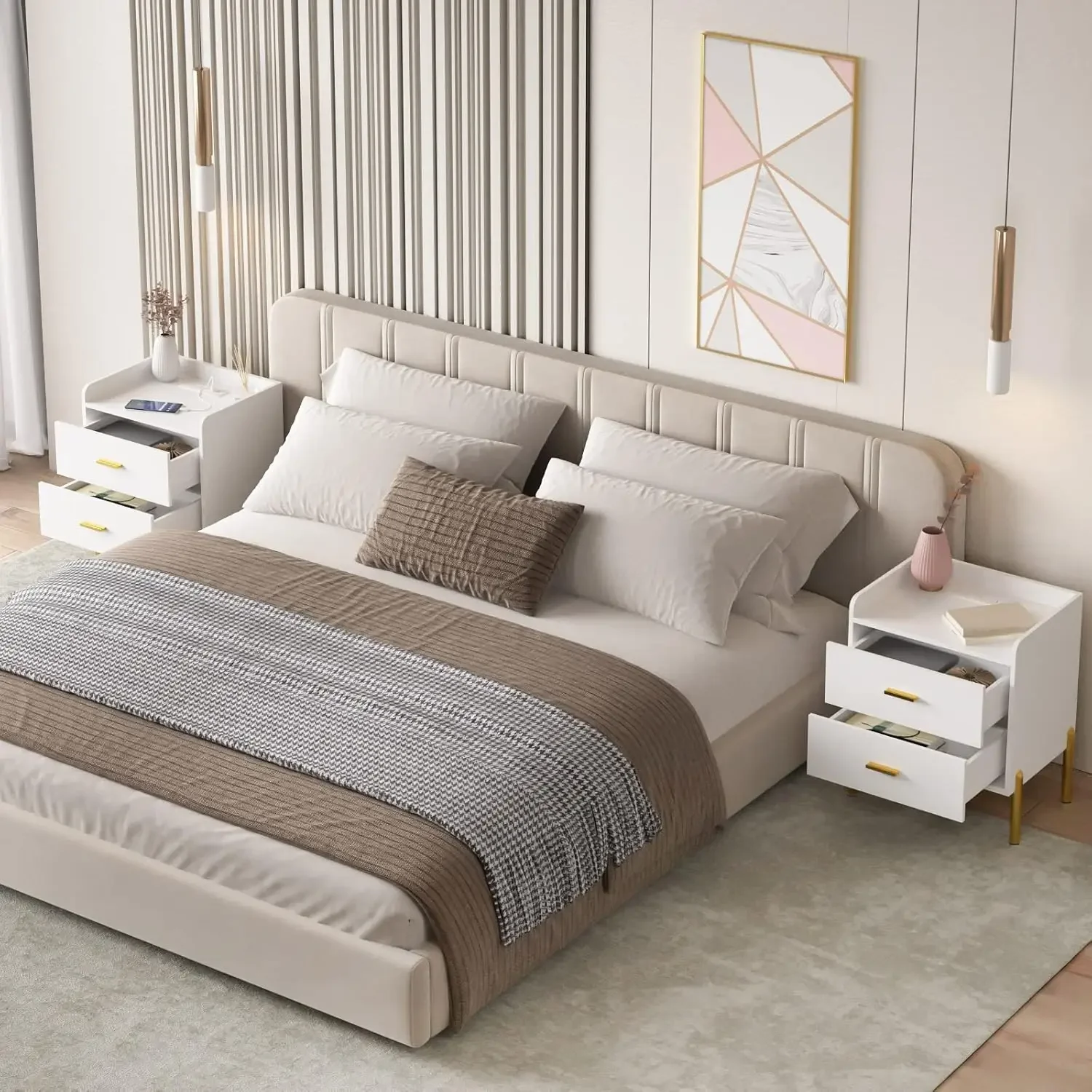 مجموعة منضدة بيضاء مكونة من 2، طاولة نهاية حديثة لمنتصف القرن مع محطة شحن، حامل ليلي لتخزين المزرعة بجانب السرير مع درجين