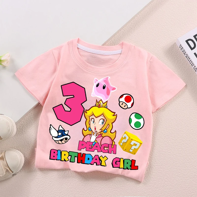 

Футболка с номером на день рождения для девочек Marios Princess Peach, короткие футболки для вечеринок и косплея, одежда Kawaii, подарок на день рождения 2026