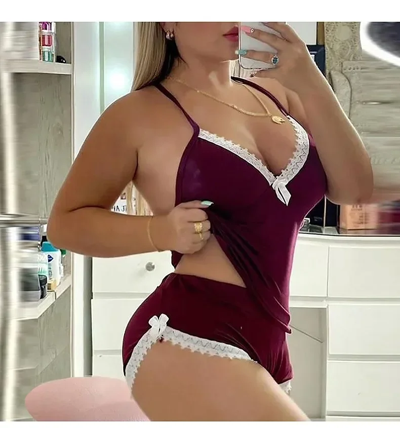 Sommerliche Freizeit-Loungewear für Damen: Ärmelloses, sexy Nachthemd mit Spitzenbesatz, Homewear, Träger-Schlafanzug, Shorts und Träger-Pyjama-Set – Detail 10