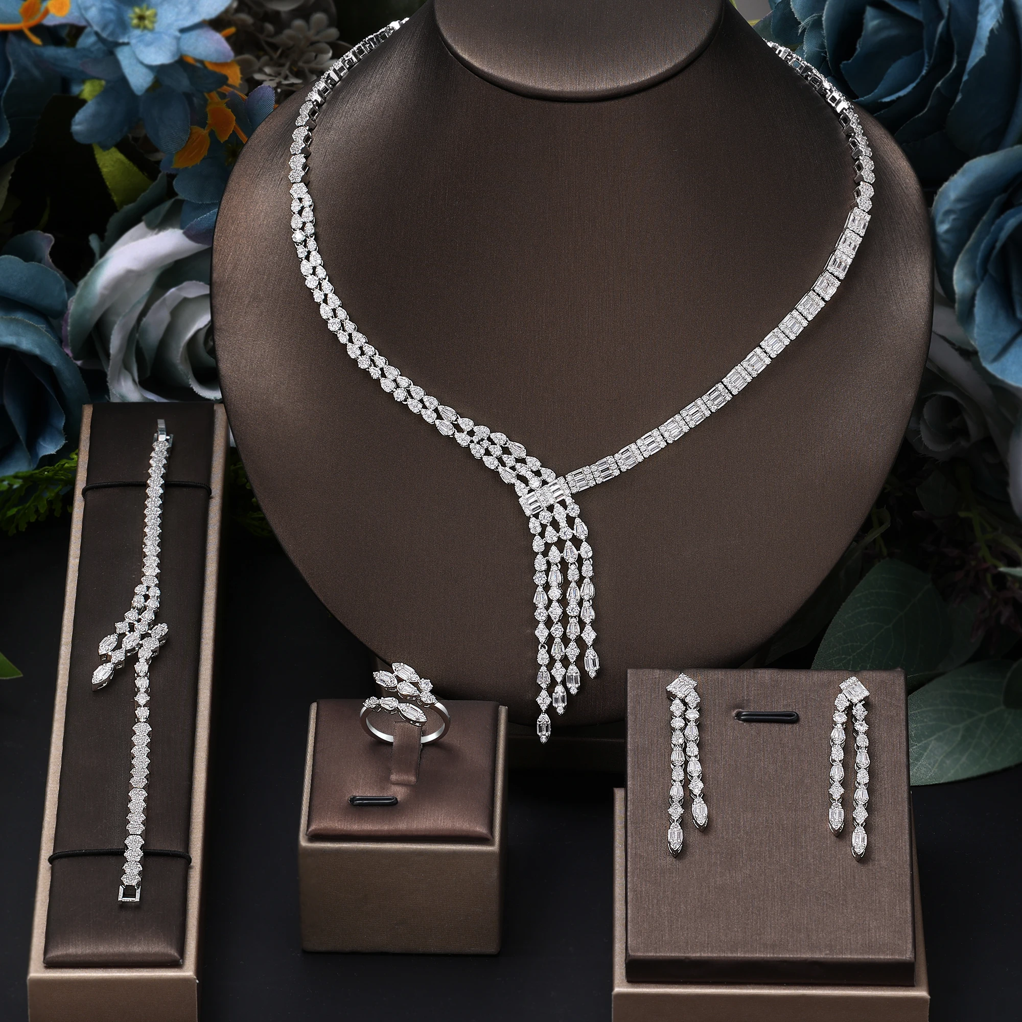 

Elegant 4PCS Jewelry Set for Women Cubic Zirconia Necklace Earrings American Wedding Party Dubai Bridal Jewelry Set Gift