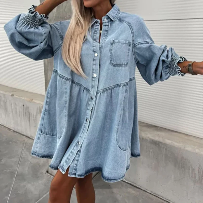 Women Flip Collar Long Sleeve Denim Short Dresses Autumn Casual Loose Pocket Dresses Vintage Female Single Breasted Shirt Dress