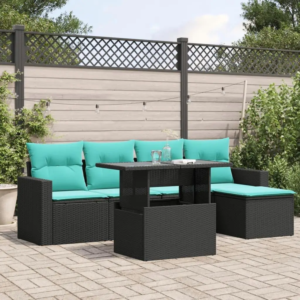

6 Piece Outdoor Patio Sofa Set with Cushions Black Wicker Rattan Furniture