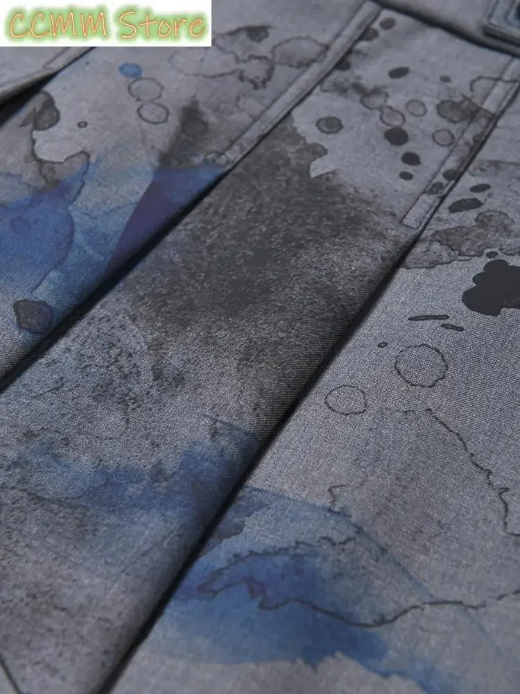 Women Gray Printed Irregular Pleated Blazer New Lapel Long Sleeve Loose Fit Jacket Fashion Tide Spring Autumn