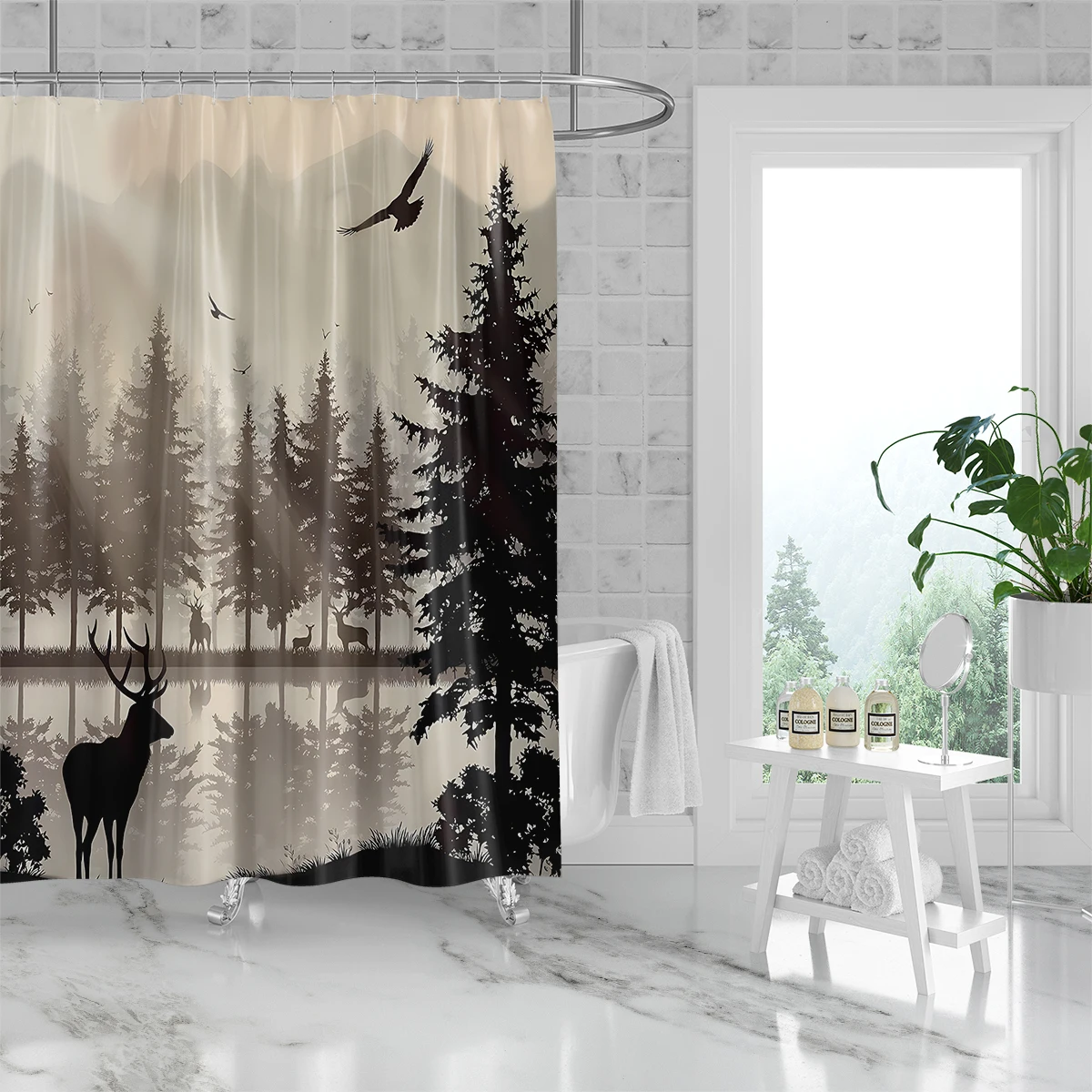 1PC Deer Forest Elk Shower Curtain with 12 Hooks,Bathroom Curtain Set Bath Curtain Bathroom Decor  ﻿