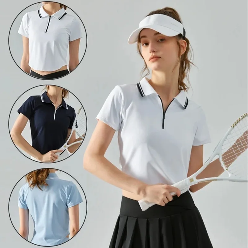 

Women Zipper Polo Tennis Shirt Ladies Slim Short Sleeve Badminton T-shirt Women Breathable Athletic Workout Tops Casual Blouse