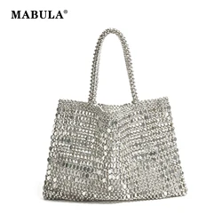 MABULA Silver Beadded Woven Tote Bag Sparkling Sequins Big Square Evening Purse Fashion Crossbody Handbag