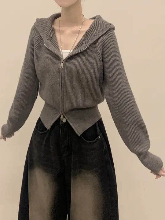 

Модный шикарный вязаный свитер с капюшоном, пальто, женский дизайн с двойной молнией, маленький размер, осенний сезон 2021, вязаный кардиган