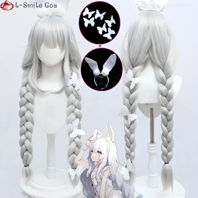 Juego Azur Lane MNF Le Malin Cosplay peluca 90cm plata blanco trenza gruesa pelo sintético resistente al calor pelucas lindas para fiesta + gorro de peluca