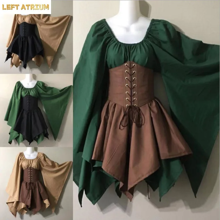

Halloween Cosplay Palace Victoria Medieval Vintage Fairy Elf Costume For Women Princess Bandage Christmas Ptachwork Party Dress