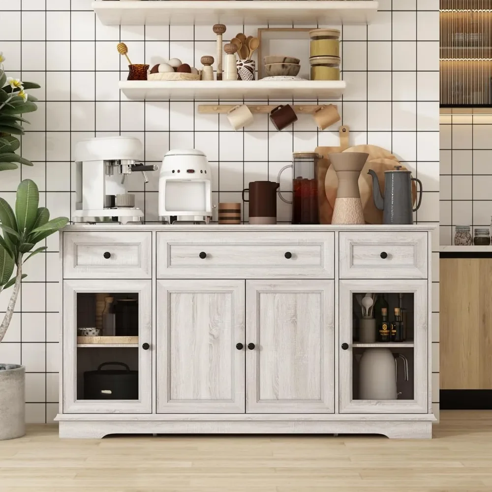 Credenza Buffet Dressoir Opbergkast met Glazen Deuren, Laden & Planken, Keuken Houten Kast Console Cabine