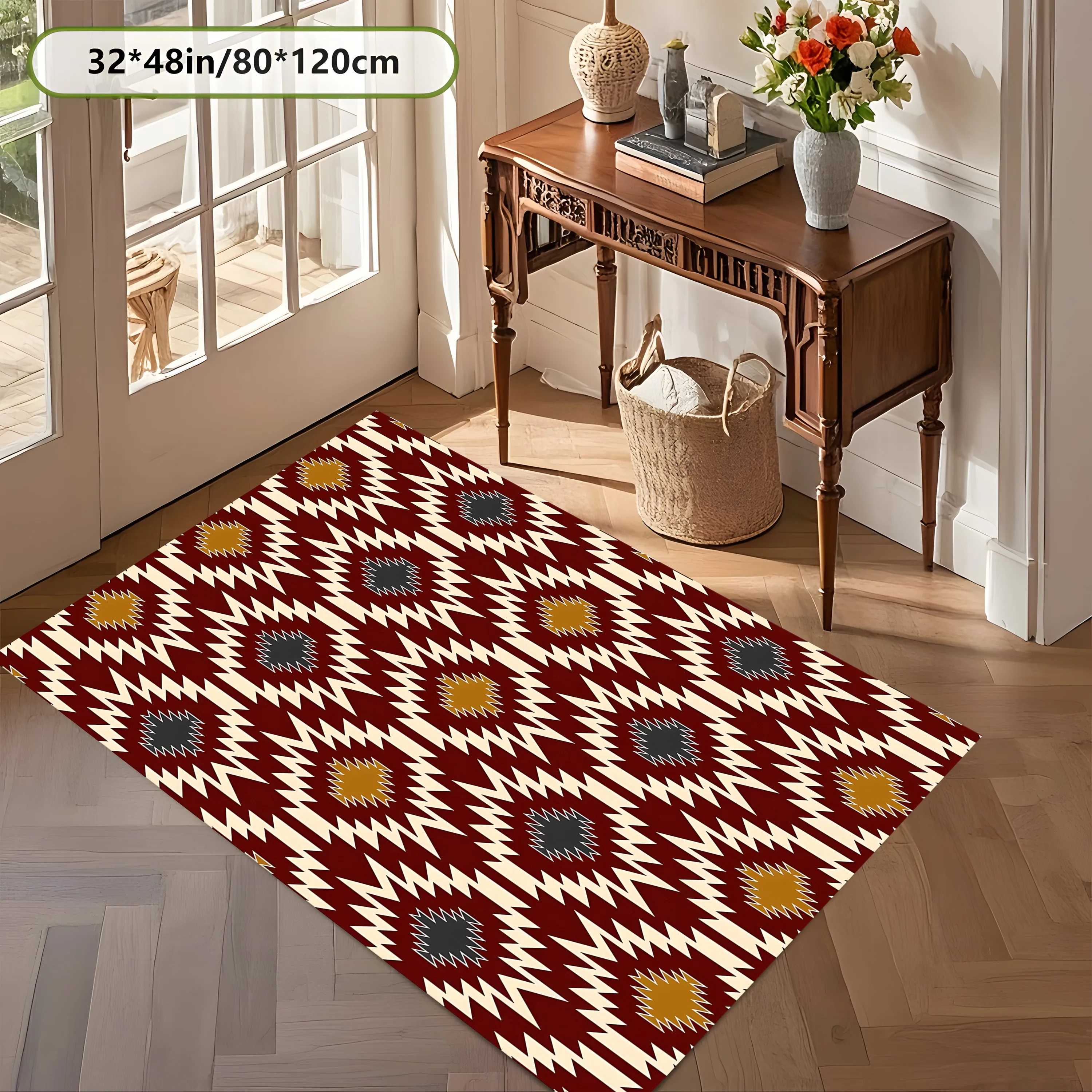 2D Carpet with Red Geometric Zigzag Radial Totem Pattern in Retro Ethnic Style for Living Room and Bedroom