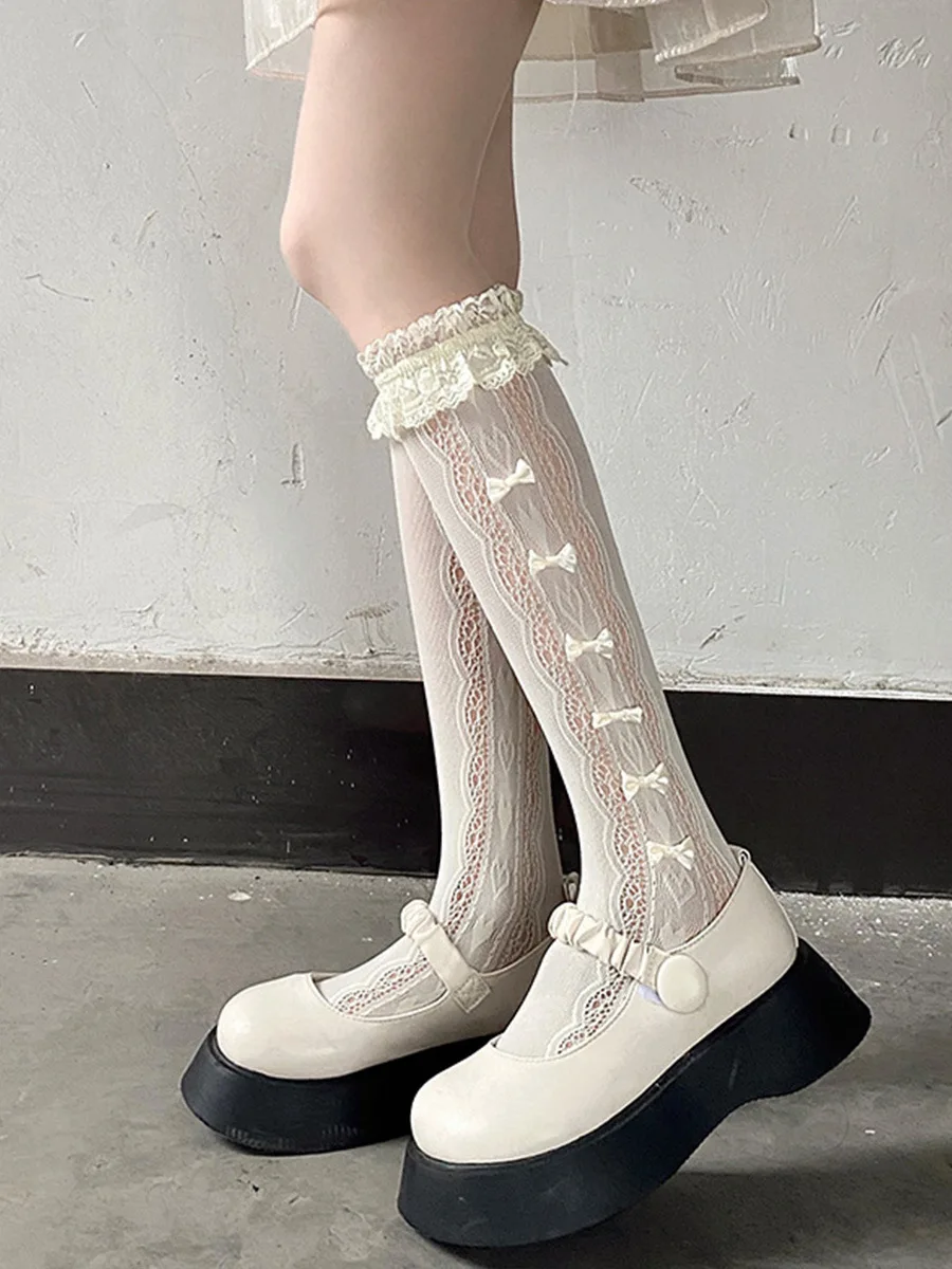 Stockings Woman Summer Thin Solid Color Bowknot Lace Middle Tube JK Lolita Cute Socks Black White Fishnet Stockings for Women