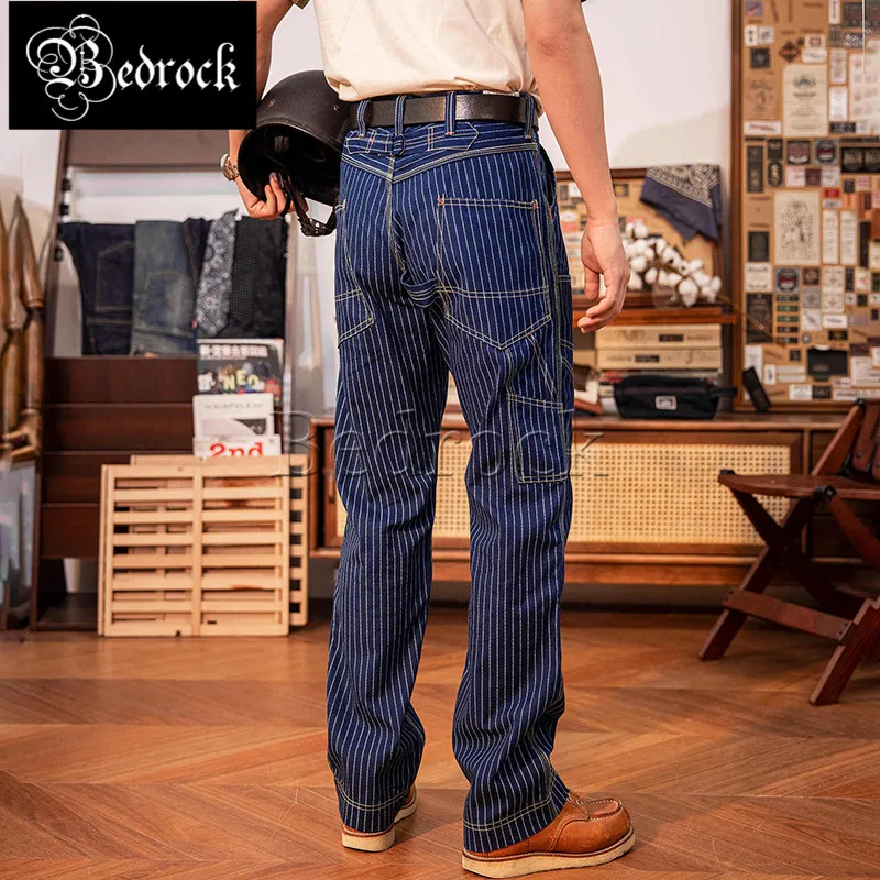 Underground Dyed Blue Striped Overalls Pure Cotton Slim Straight Trousers Wear-resistant Canvas Cargo Pants Vintage Buckle Back