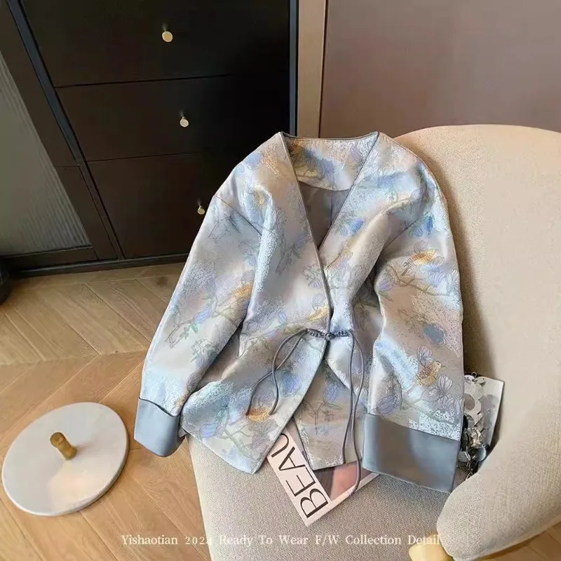 

Куртки для женщин, винтажные весенне-осенние элегантные атласные модные топы, жаккардовые танцевальные костюмы, одежда, женские пальто с v-образным вырезом и вышивкой