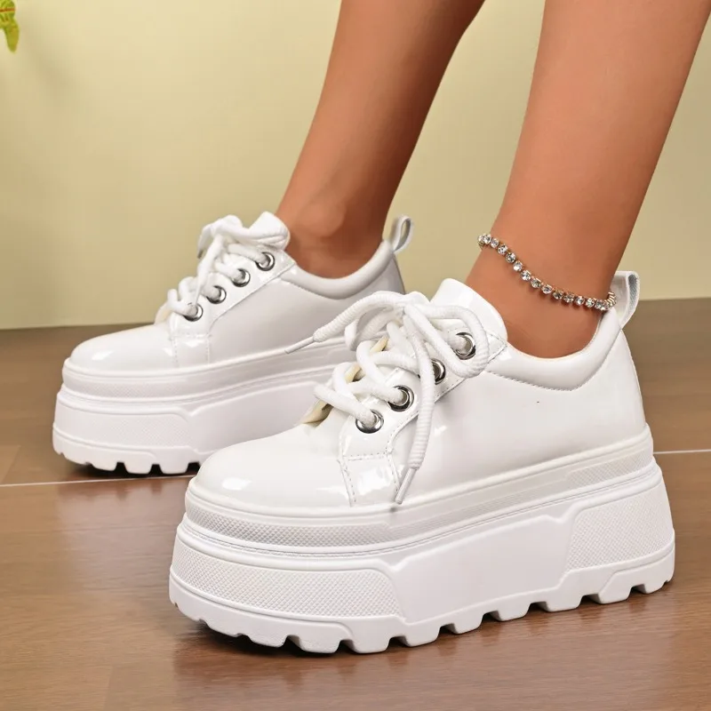 

8CM Patent Leather White Shoes New 2026 Spring Autumn Chunky Sneakers High Platform Women Breathable Casual Sport Shoes