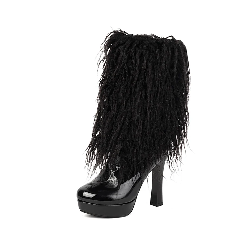 

Plus Size Shiny Patent Leather Material Tassel Decal Women's Mid Length Boots Sweet Style Back Zipper Fashion High Heels Boots