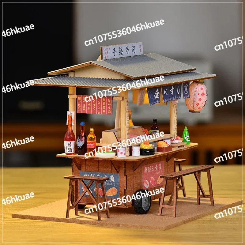 BBQ Breakfast Dollhouse With Furniture DIY Wooden Doll House Japanese Sushi Store Miniature Building Kit for Girls Gifts