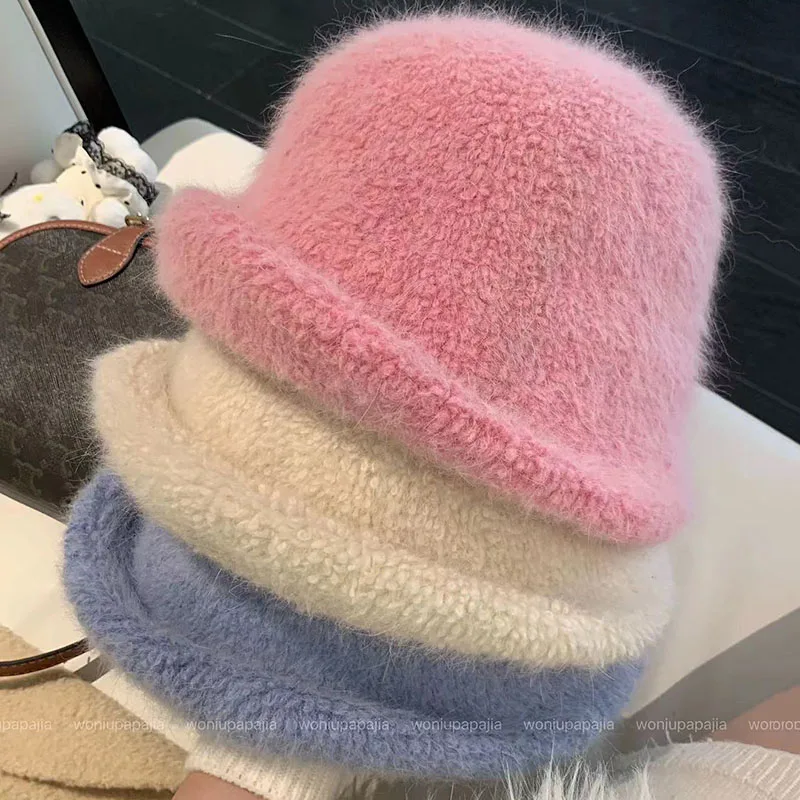 Women's Rabbit Fur Hat Autumn/Winter New Cold Protection Roll-Edge Fisherman Cap Fluffy Soft Fashion Simple Versatile Bucket Hat