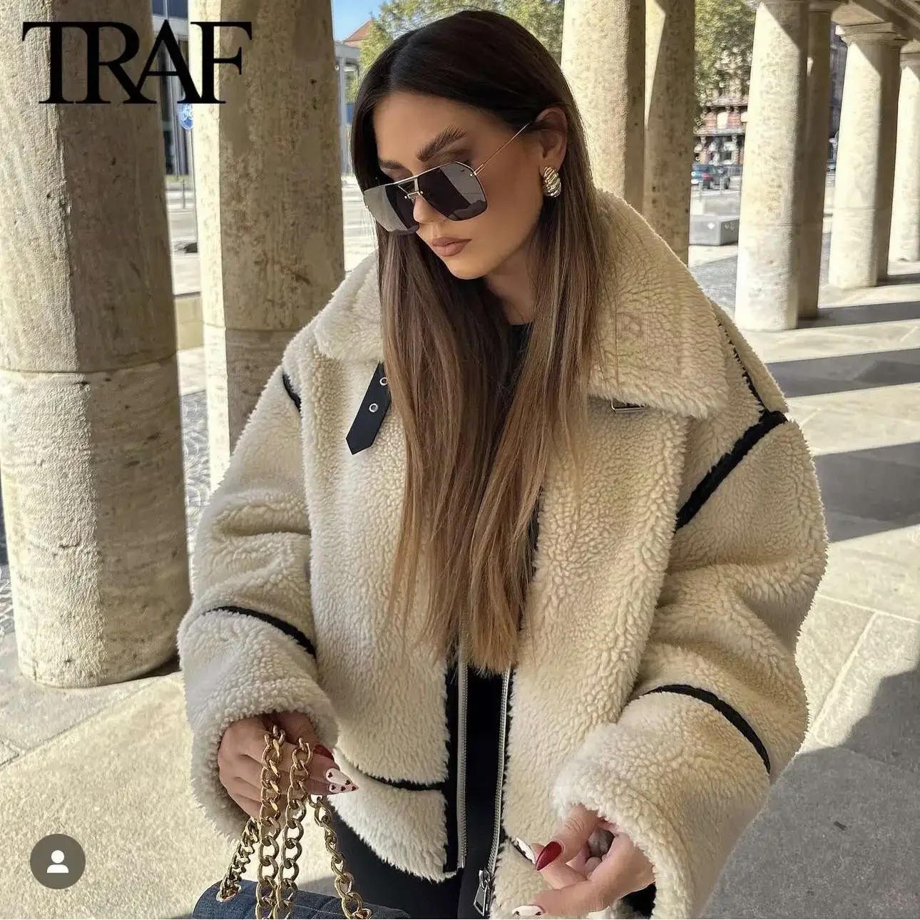 TRAF Faux Fur Jacket for Women Fashion Winter New Solid Color Long Sleeved Lapel Zip Pocket Warm Thick Jackets Short Coats