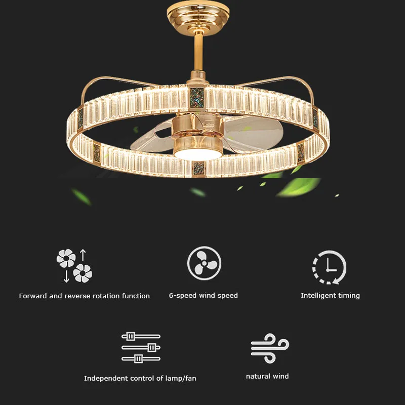 مراوح سقف كريستال LED فاخرة مع ضوء وجهاز تحكم عن بعد ذهبي جديد بريق المنزل الفكرية لمصابيح سقف غرفة المعيشة