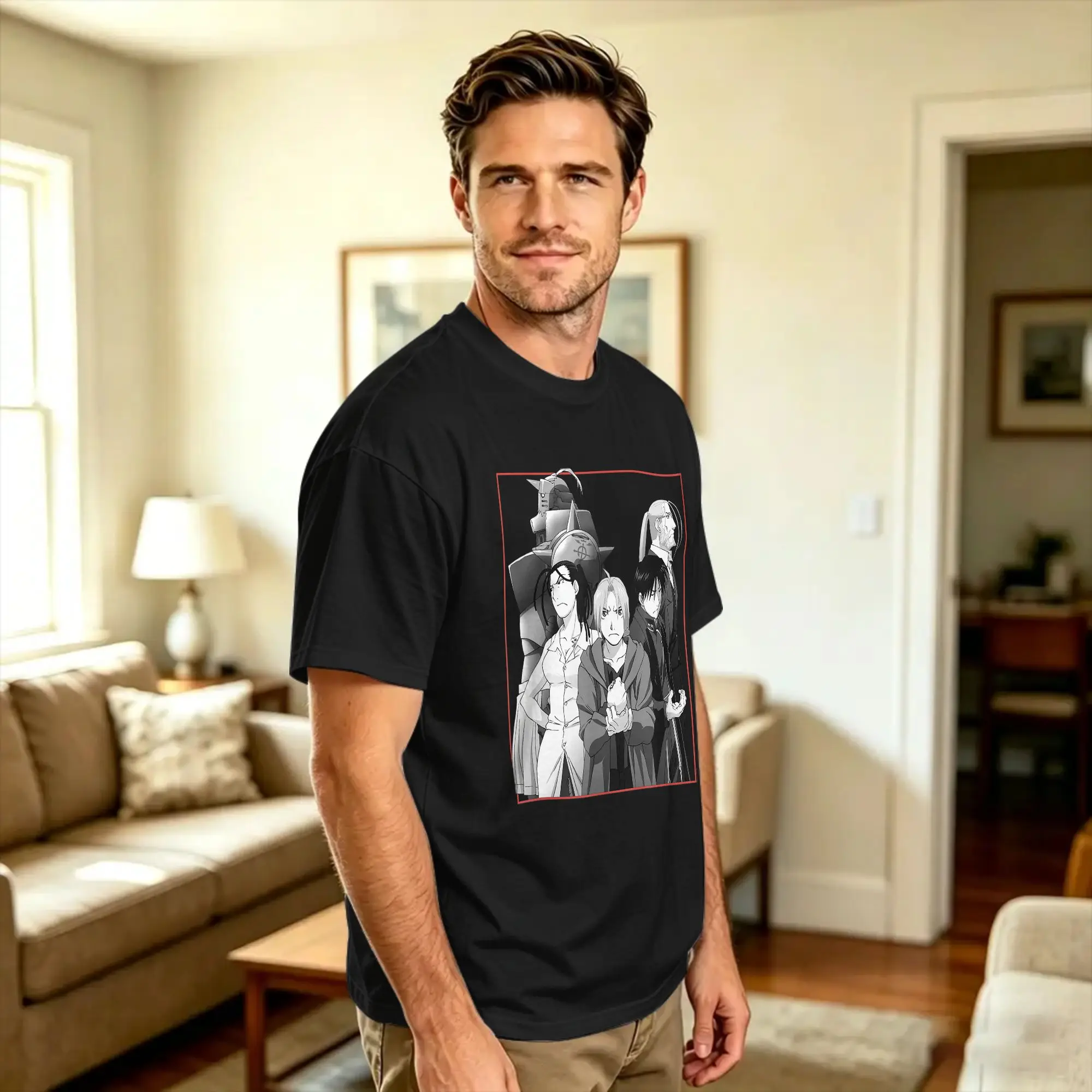 Brotherhood Group Pose Kanji Anime T-Shirt Summer  Cotton T-Shirts For Men Casual Tshirt Short Sleeve Aesthetic Clothing