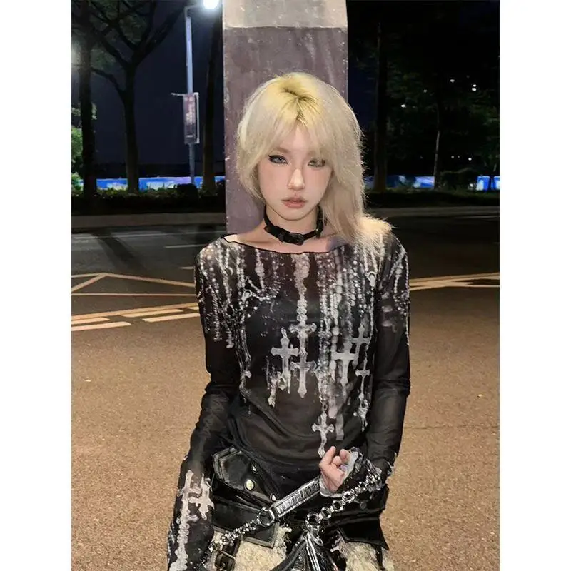 Dark Punk Chick One-shoulder Stylish Printed Netted Long-sleeved Rare T-shirt for Women As A Base Layer