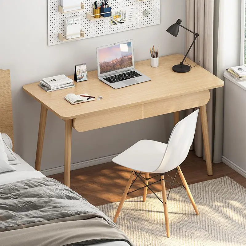 Modern Minimalist Wood Computer Desk With 2 Drawers, Natural Oak Color Writing Study Table For Home Office Bedroom, Small Space
