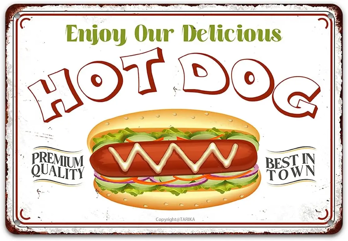 Placa de Metal Vintage Engraçada para Hot Dog, Decoração de Parede com a Mensagem 'Aproveite o Nosso Delicioso Hot Dog, o Melhor da Cidade' para Food Truck, Restaurante, Bar, Café, Pub