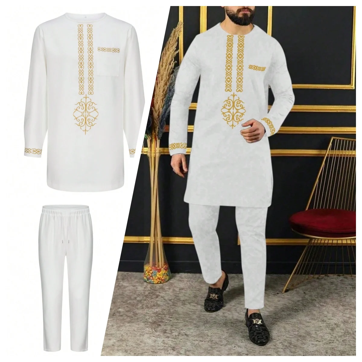 autumn and winter African elegant ethnic style men\'s suit embroidery white 2-piece wedding party business men\'s clothing suit