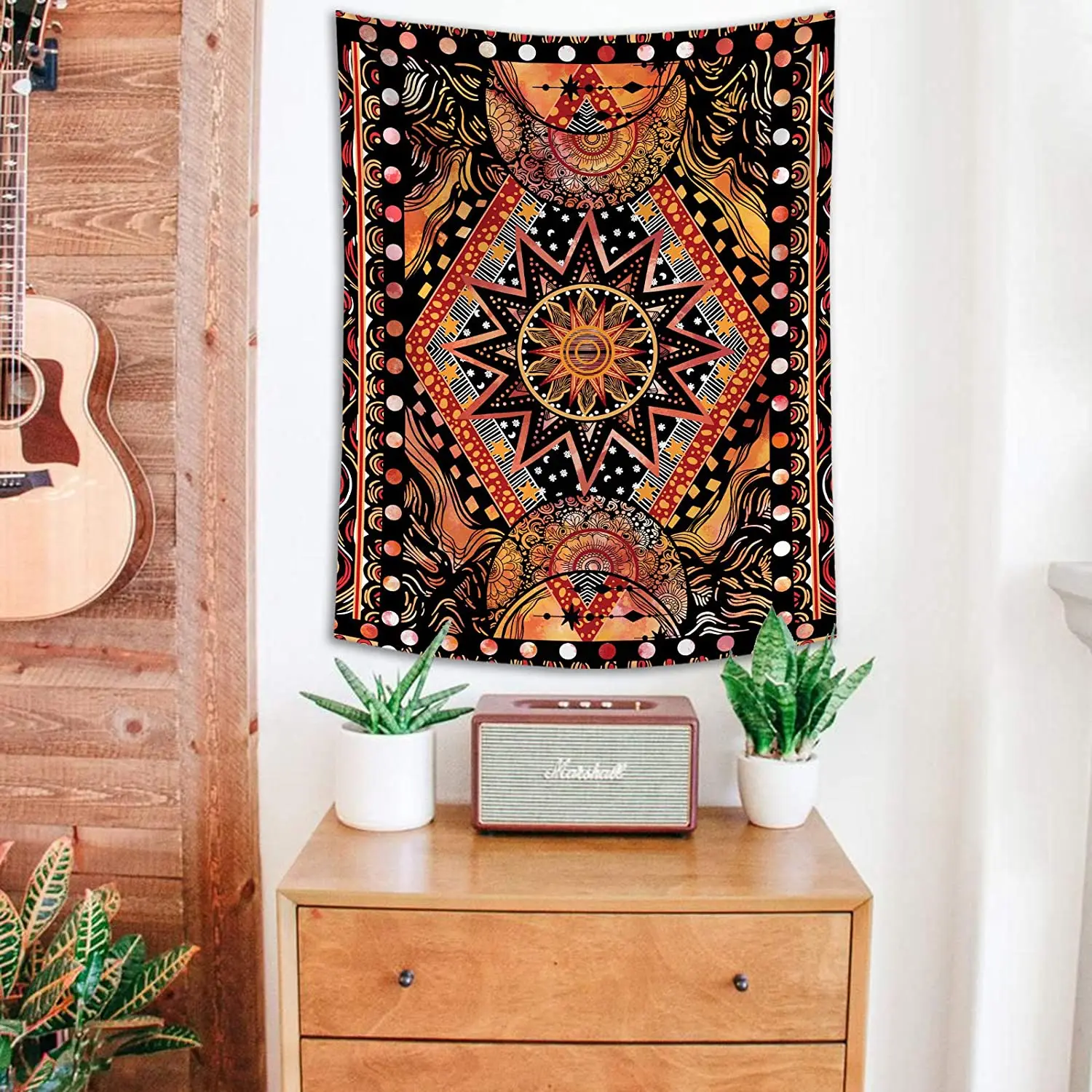 Orange Sun and Moon Tapestry Wall Hanging Indie Hippie Mandala Cool Wall Tapestries Aesthetic Tapestry for Bedroom Living Room