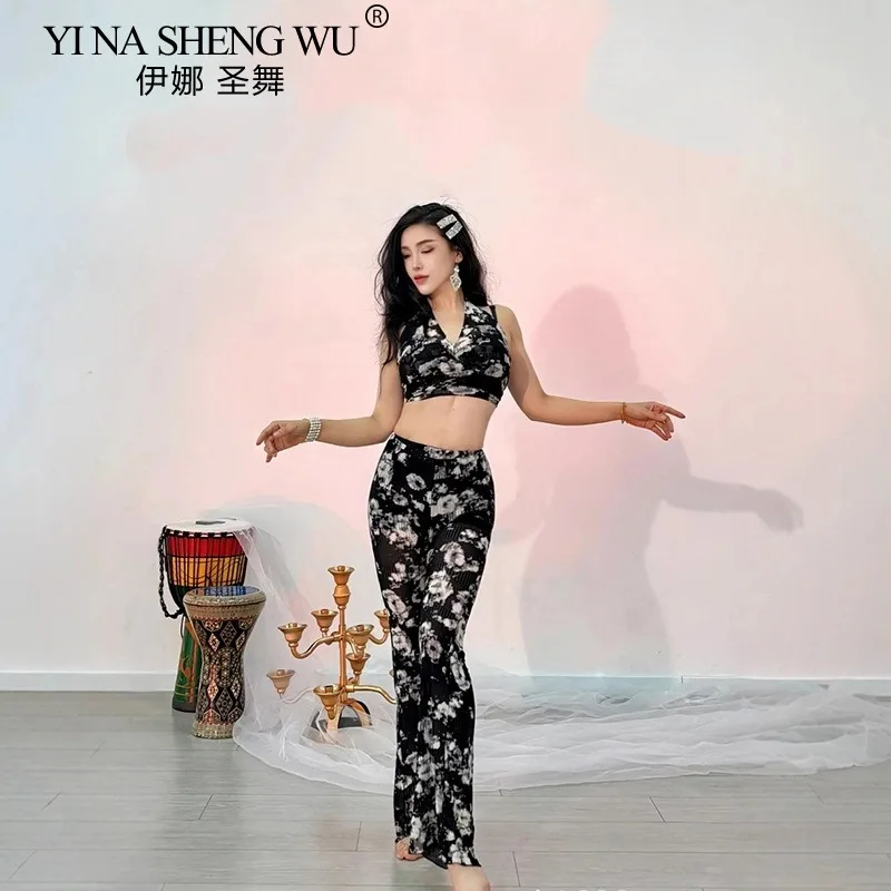 Buikdansoefenoutfit voor dames Zwart Wit Crop Top met bloemen en lange broek Oosterse dans Podiumtraining Prestatiekleding