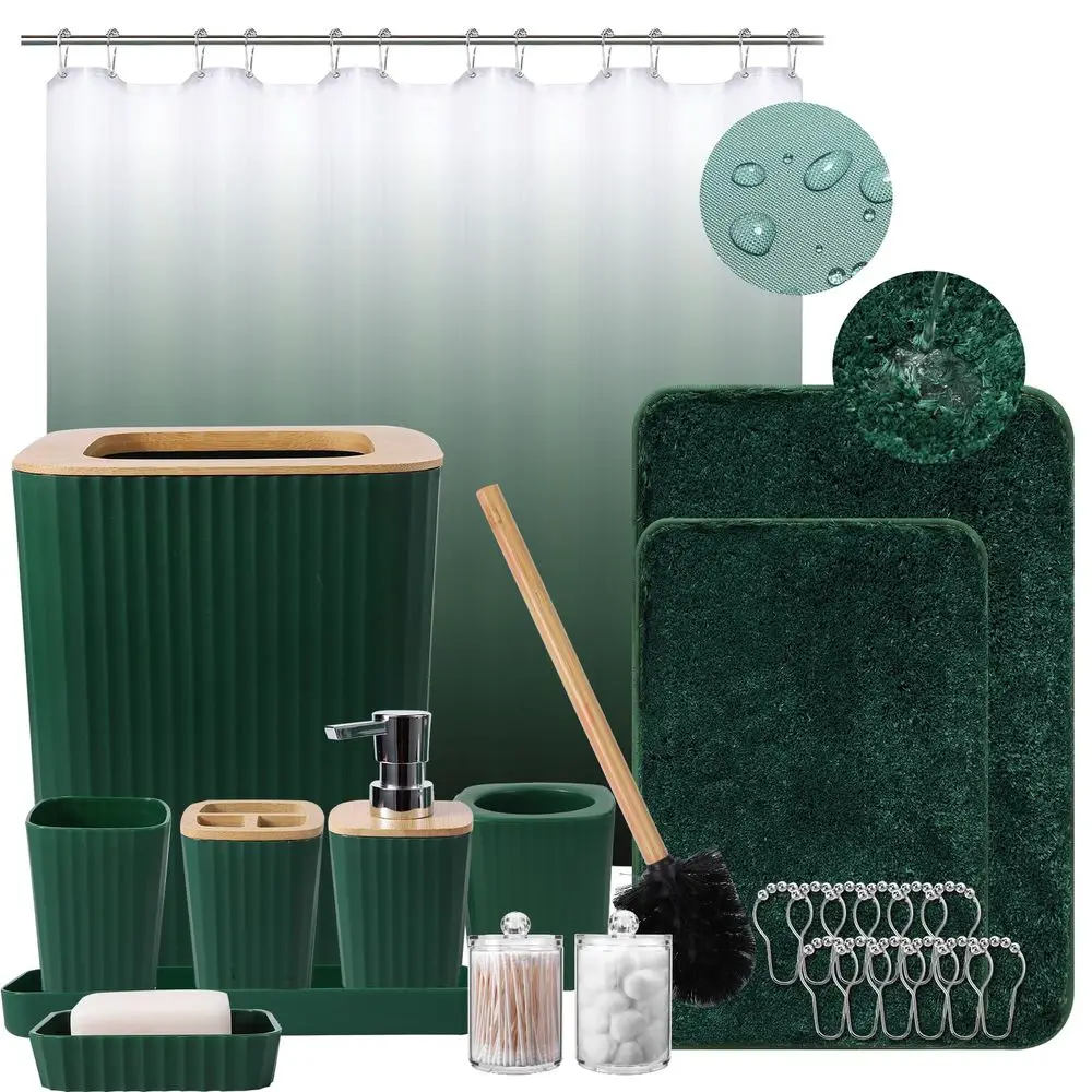 

Dark Green Bathroom Accessories Set with Ombre Shower Curtain and Bathroom Rugs,Bathroom Sets with Trash Can,Toothbrush Holder
