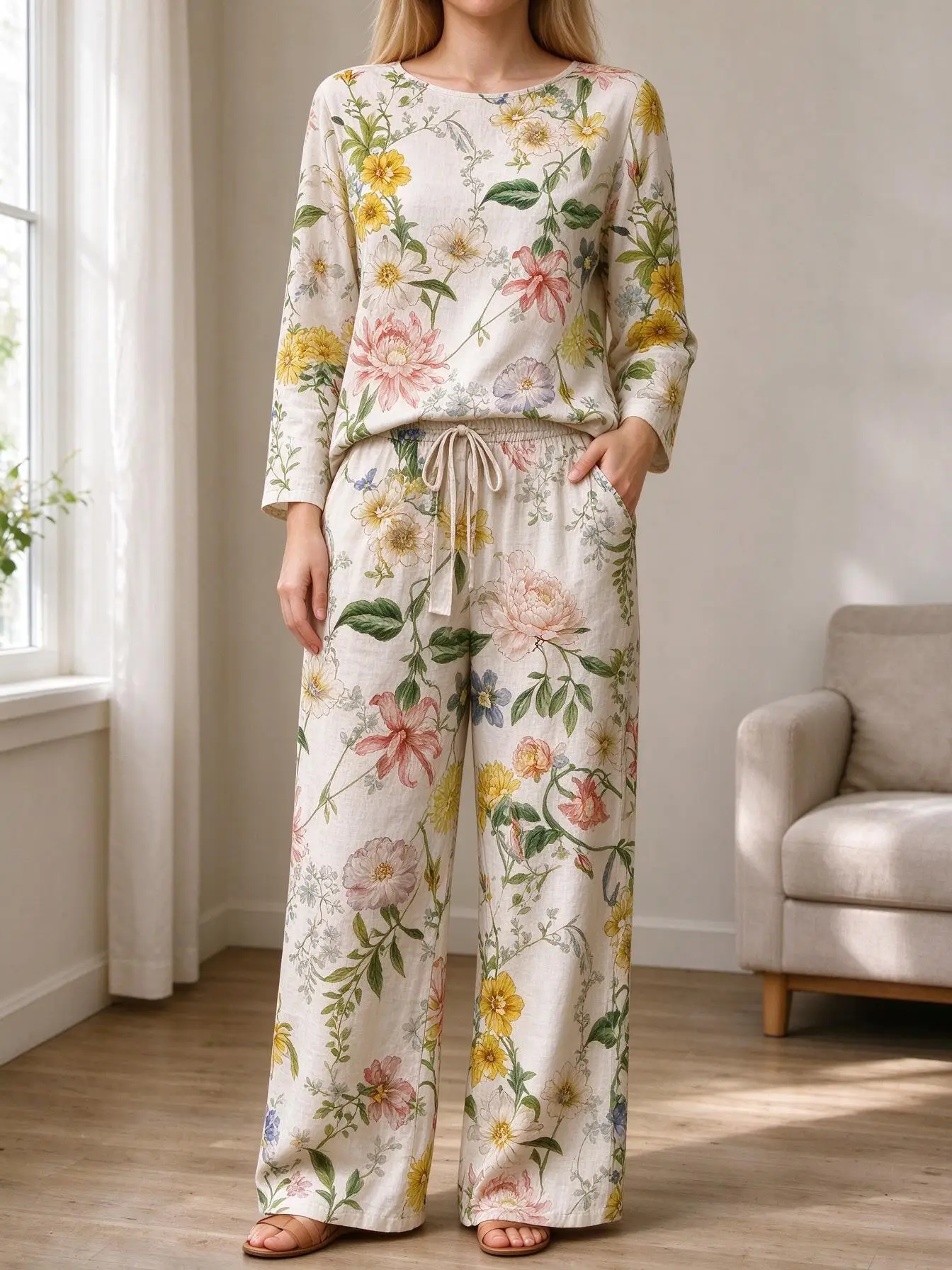 Women Imitation Cotton Pajama Set Vintage Botanical Floral Bird Print Round Neck Long Sleeve 2PCS Sleepwear Loungewear