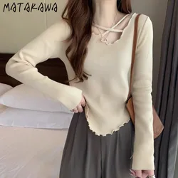 Matakawa Irregular Cross Solid Jersey Mujer Korean Fashion Autumn Winter Pull Femme Basic Long Sleeve Slim Women Sweaters