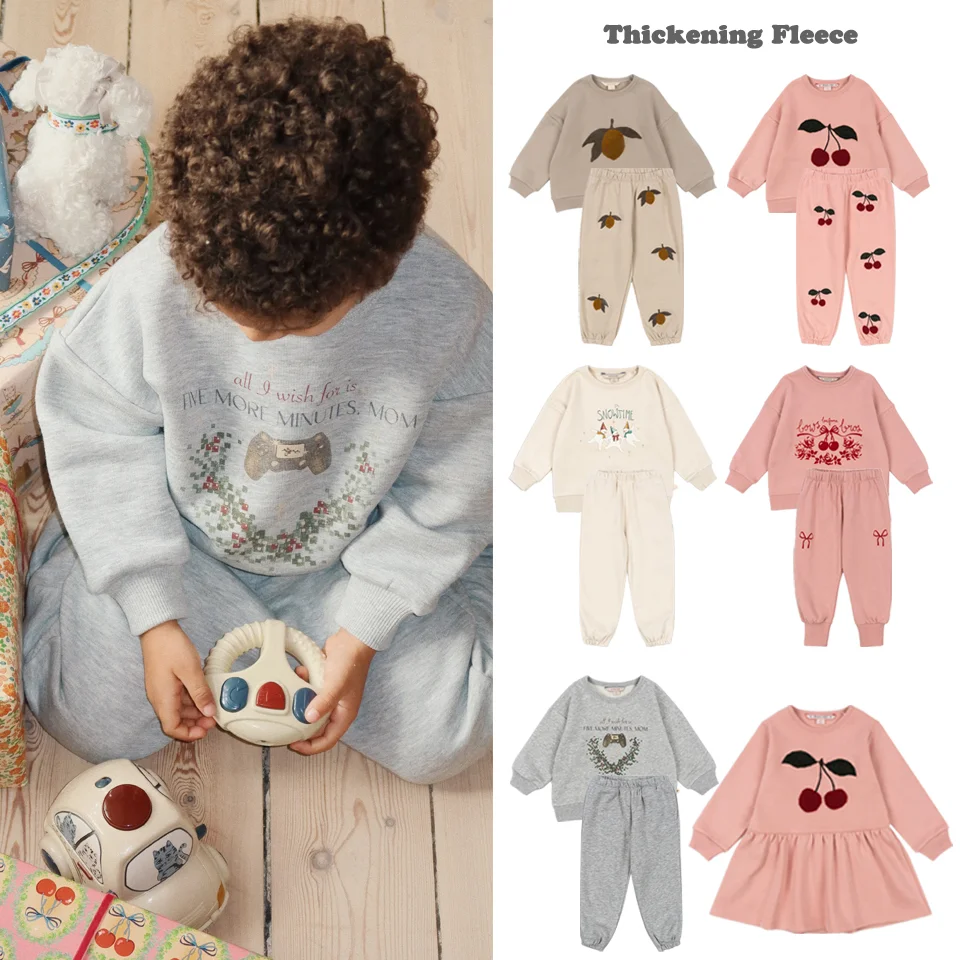 

Konges Slojd AW Baby Boys Thicken Fleece Sweatshirt Pants Suits Kids Cotton Clothes Girls Cherry Pullover Dresses Party Clothing