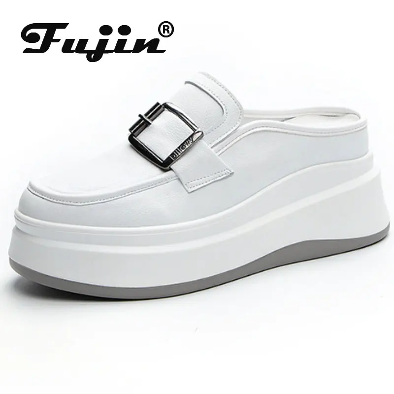 Fujin 7.5cm New Genuine Leather Platform Wedge Slippers Sandle Sneaker Women Shoes Heels Summer Moccasins Designer Females Boots