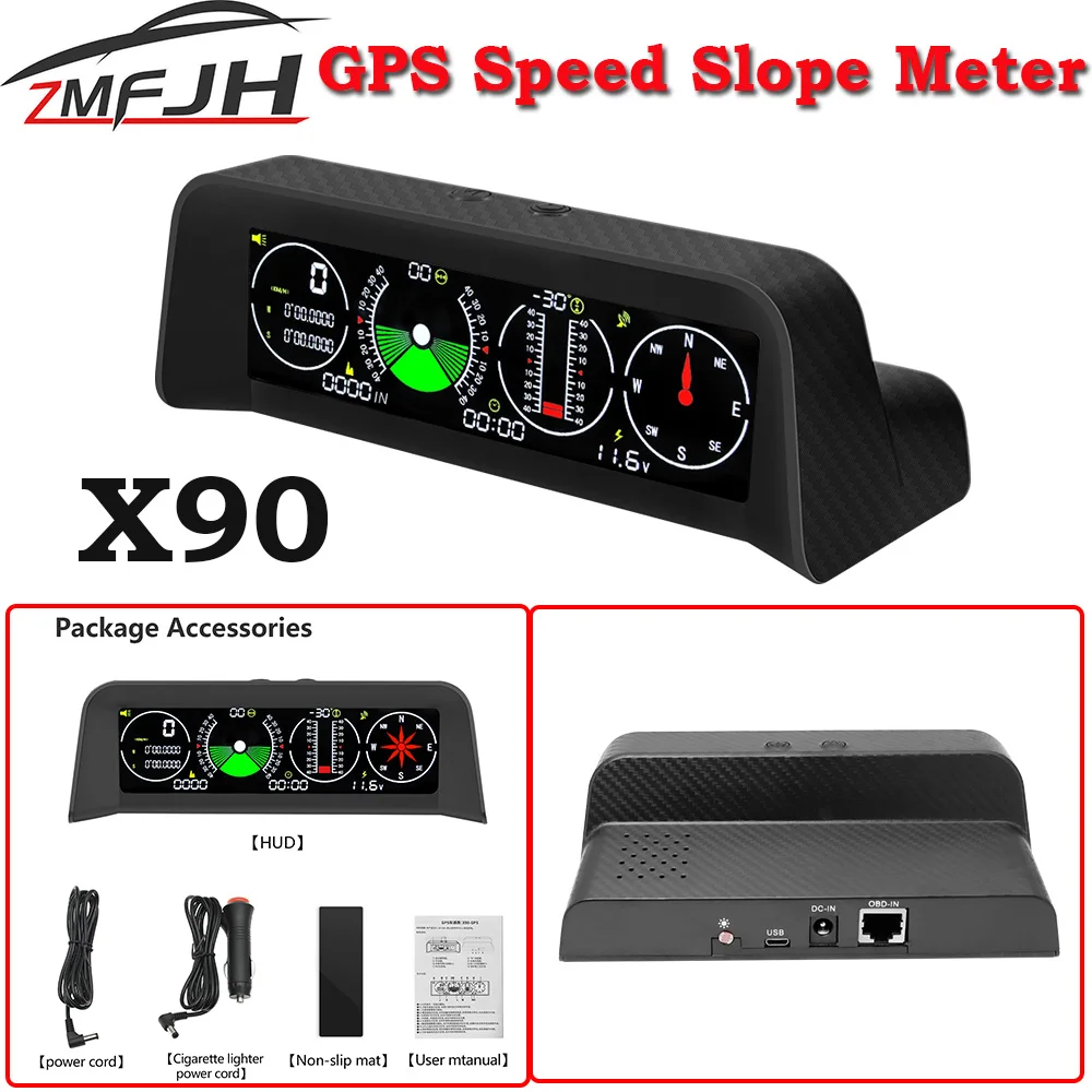 

A X90 Digital GPS Speedometer HUD Head Up Display MPH KM/H Inclinometer Protractor Compass Latitude Longitude Altitude Meter