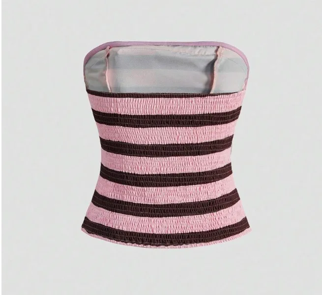 Gestreiftes, gepunktetes, trägerloses Top für Mädchen mit Taillenbetonung, Sommer-Damen-Top mit Schleife und Wickeloptik, eng anliegendes, tailliertes Kurztop – Detail 2