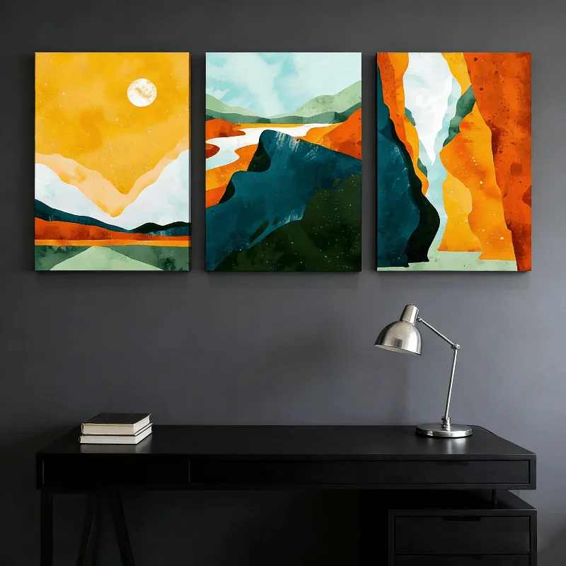 2D Flat, 3pcs 2D Flat Printing Vibrant Abstract Watercolor Canyon Sunrise Tri Canvas Posters for Bedrooms and Living Rooms DI