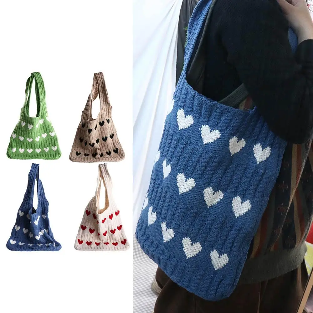 

Shopping Bag Knitted Love Handbag Mommy Bag Large Capacity Crochet Tote Bag Storage Bag Underarm Bag Love Shoulder Bag Students