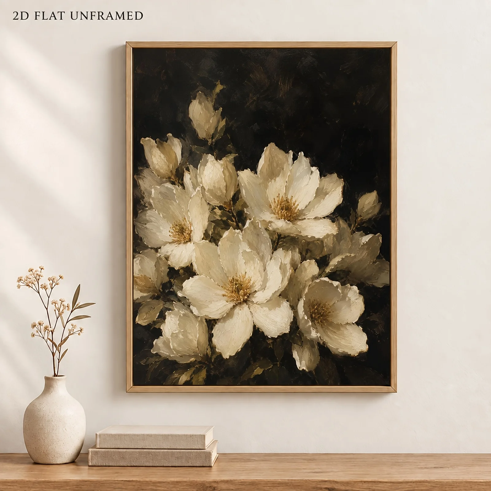 2D Flat, 2D Flat, 2Dflat 1pc Melancholic White Floral Print Dark Series Painting Style Floral Wall Art Print Lily Bouquet Hom