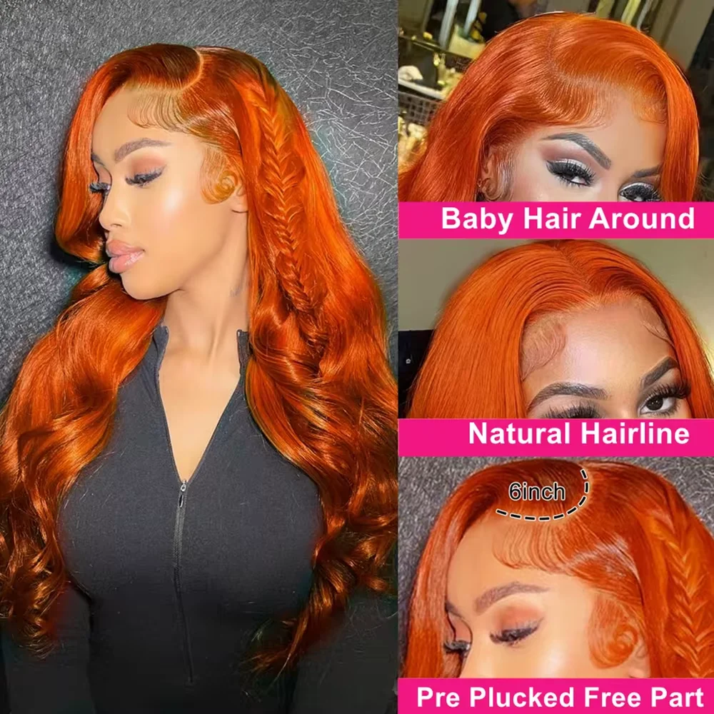 Ginger Orange Body Wave Lace Front Human Hair Wigs 13x6 HD Transparent Lace Frontal Wig 30 34 Inch Colored Human Hair Wigs