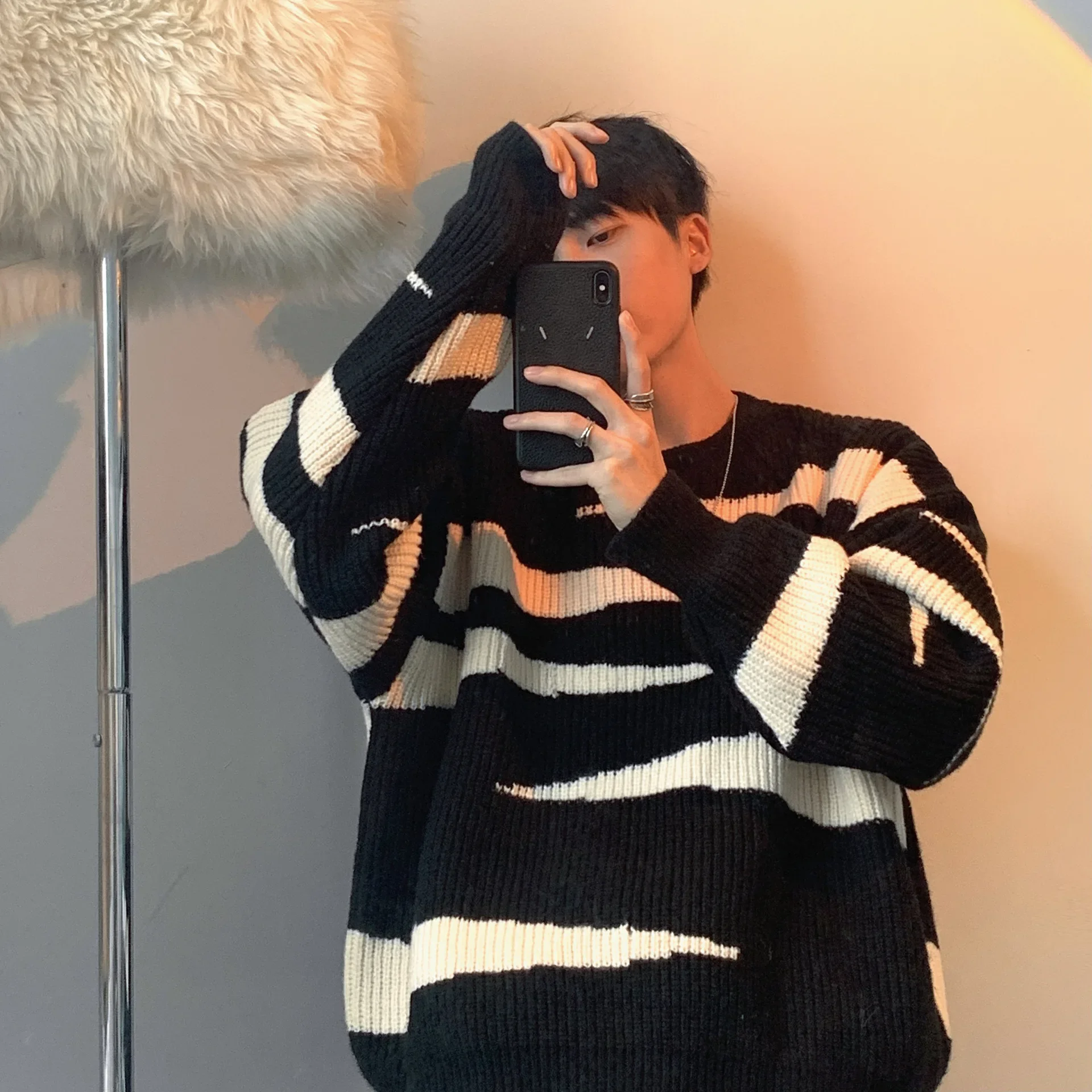 Knitted Loose Fit Male Jumpers O Neck Long Sleeve Striped Sweaters Pullovers Winter 2025 High Street Slight Strech Basics