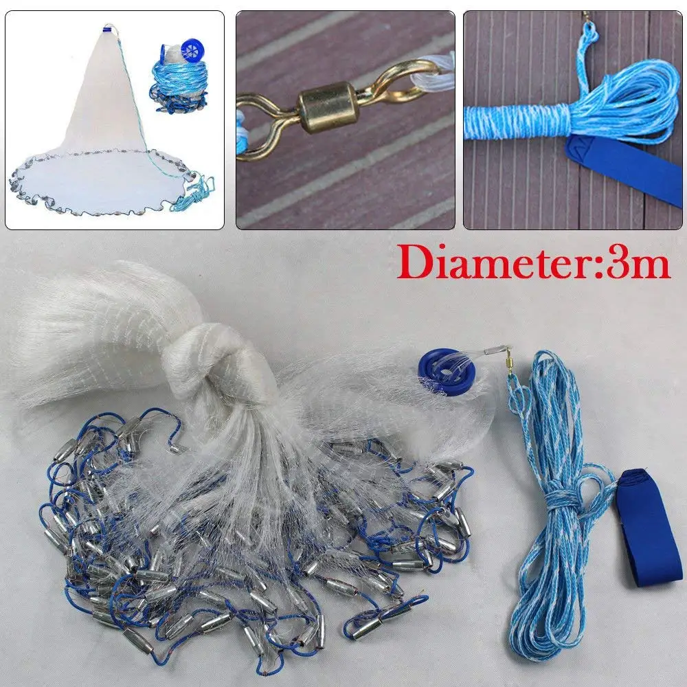 Fishing Net, 10Ft/14Ft/18Ft/22Ft Hand Mesh Cast Net Saltwater Clear Bait Casting Net W/Hollow Sinker